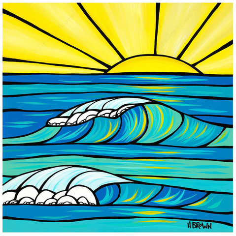 painting of stylized sunrise over ocean waves with blues, yellows and greens dominating the colors. painting by Kauai artist Heather Brown