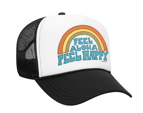 trucker hat with rainbow and wording feel Aloha feel happy by Heather Brown art