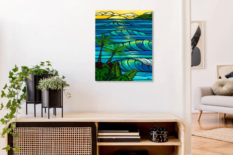 Metal print of a painting showing waves rolling to shore during sunset with palm trees in the foreground by Heather Brown surf art