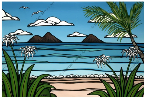 heather brown painting of lanikai beach on oahu, hawaii showing beach and tropical flowers in the foreground, beautiful blue ocean and 2 islands in the background