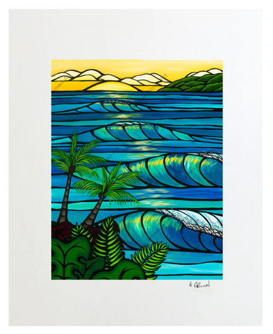 print of heather brown painting of waves rolling to shore with sunset in the background and palm trees in the foreground