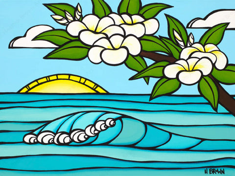Surf Art painting of gentle rolling wave framed by fragrant plumeria flowers with the sunrise just peaking over the horizon