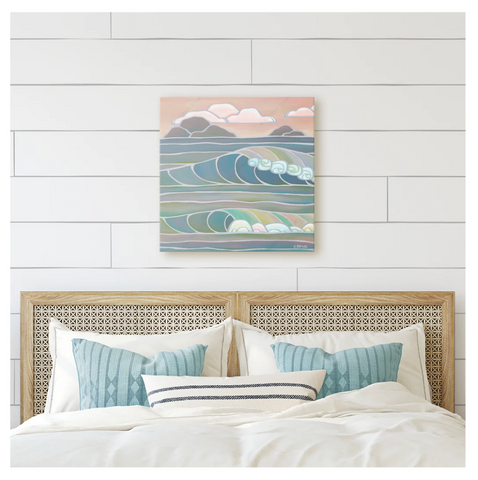 heather brown art on canvas featuring twilight ocean and beach painting hangin on wall over bed