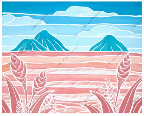 pastel two tone painting by heather brown of lanikai beach on Oahu in colors of pink and blue with ocean flowers and 2 islands in the background