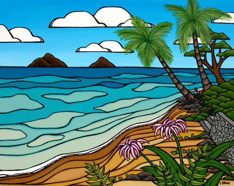 painting by heather brown of Lanikai beach on Oahu with the serene ocean, beach and 2 islands in the background