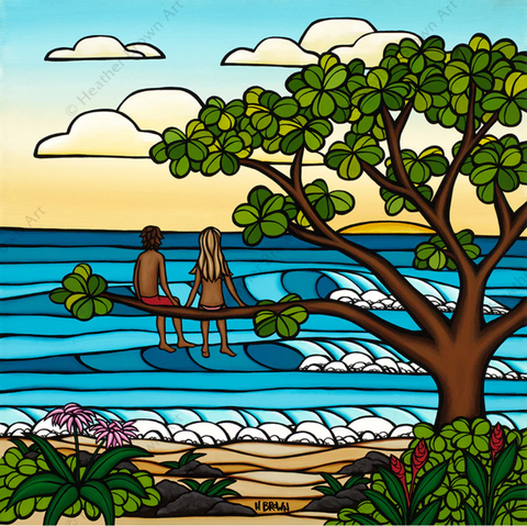 heather brown painting of a couple sitting on a tree branch watching the sunset over the crashing waves