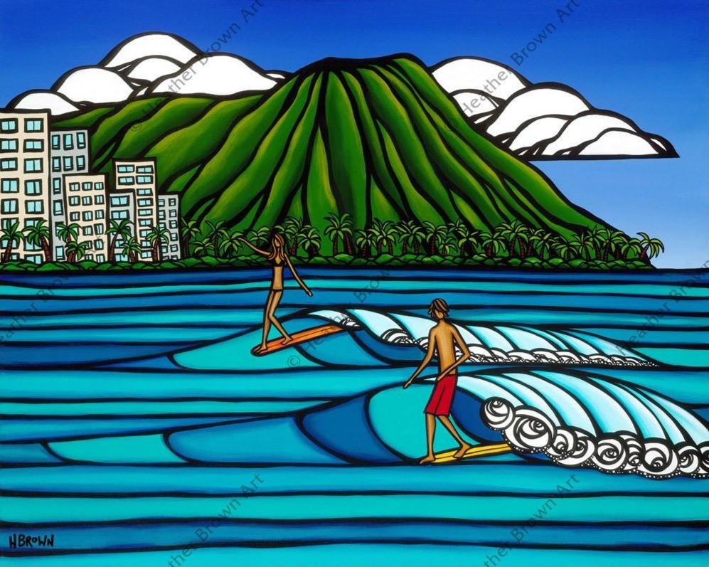 Two surfers surfing in Waikiki beach painting by Heather Brown