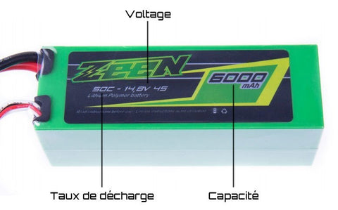 Batterie LiPO avec descriptions de ses propriétés inscrite sur son emballage