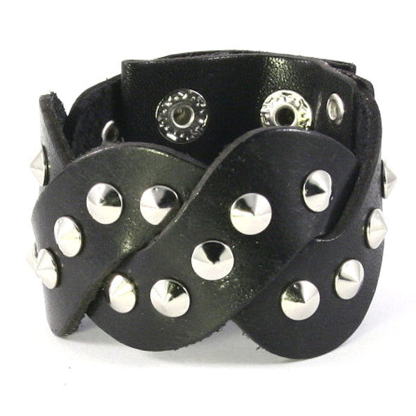 Intertwined Leather Bracelet with Conical Metal Studs. Snap Closure ...