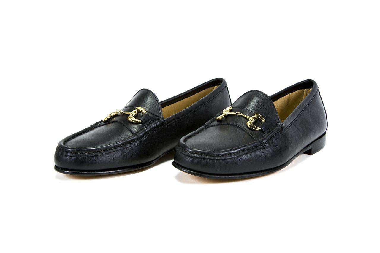 black loafers with gold