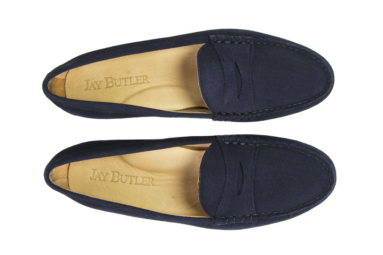 mens blue suede penny loafers