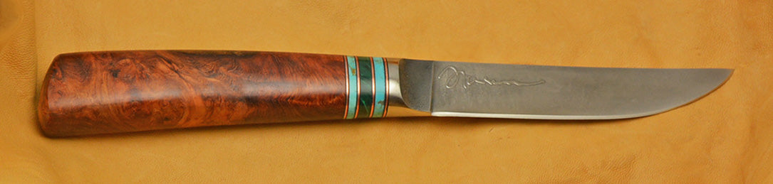 4.5 inch Kitchen Utility Knife with 'Hummingbirds' Etching and Amboyna Burl Handle.