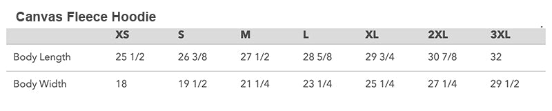 Canvas Hoodie Size Chart
