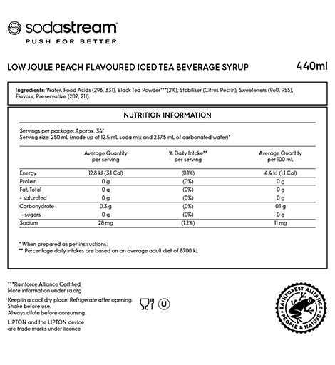 LIPTON ICE TEA PEACH  NO SUGAR Nutrition Label