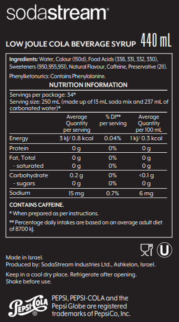 Pepsi Max no sugar Nutrition Label