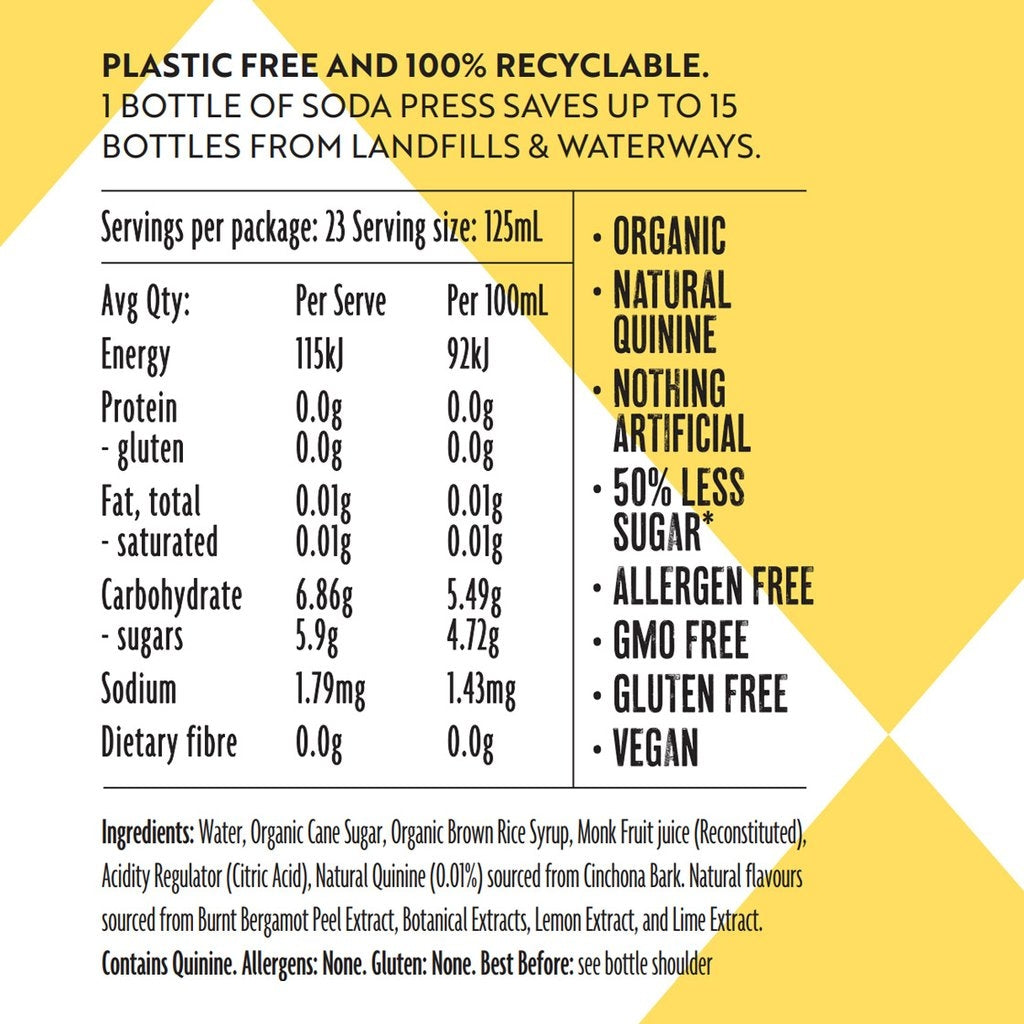 Soda Press Co Indian Tonic nutrition label