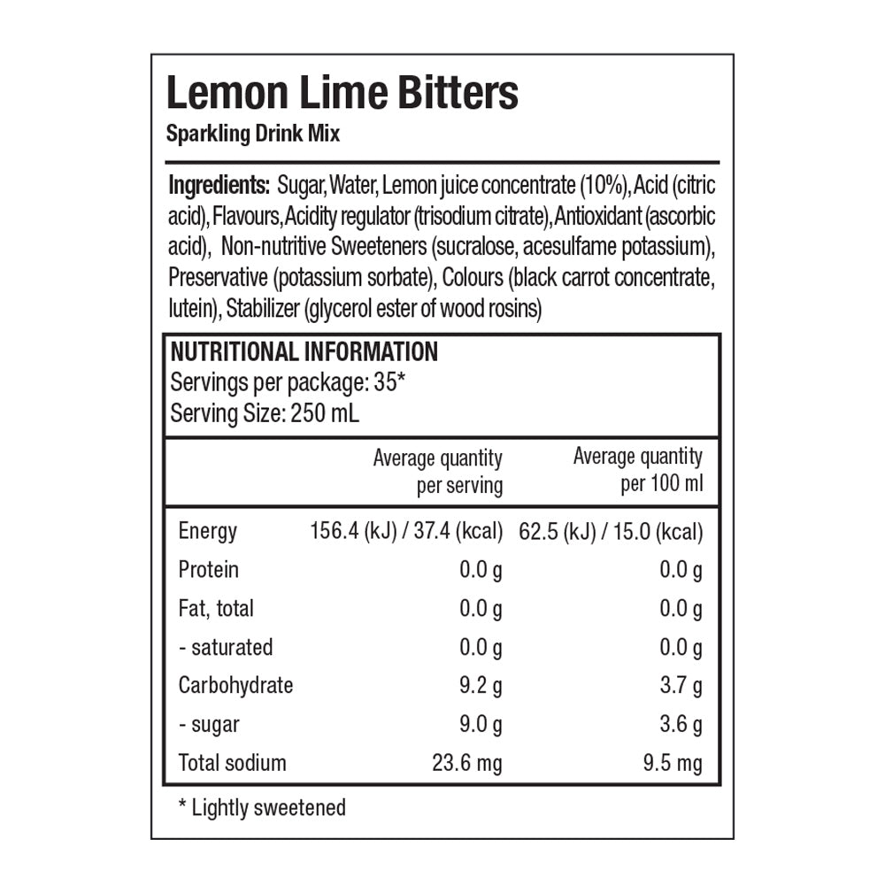 Soda Press Co Lemon Lime & Bitters Nutrition Label