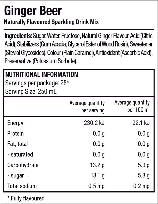 Classics Ginger Beer Nutrition Label