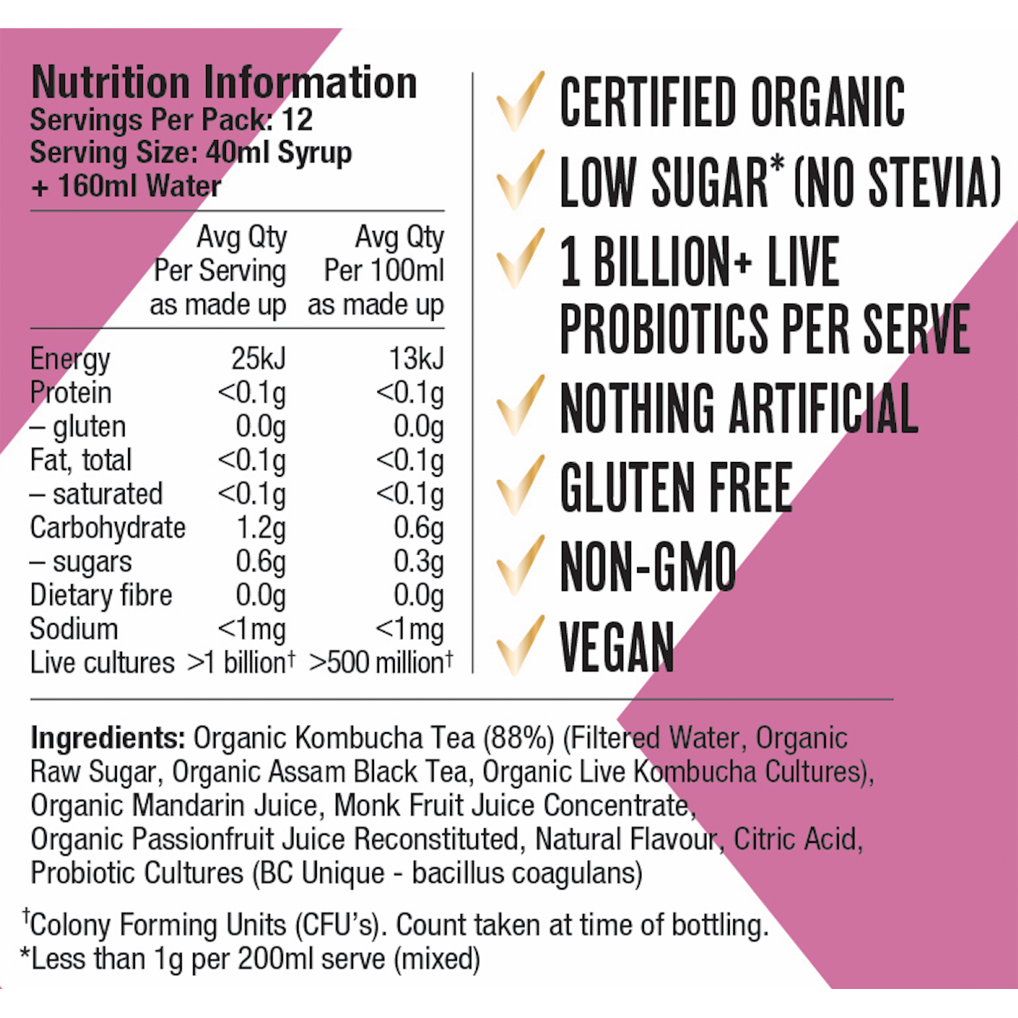 Soda Press Co Passonfruit & Mandarin Kombucha Nutrition Label