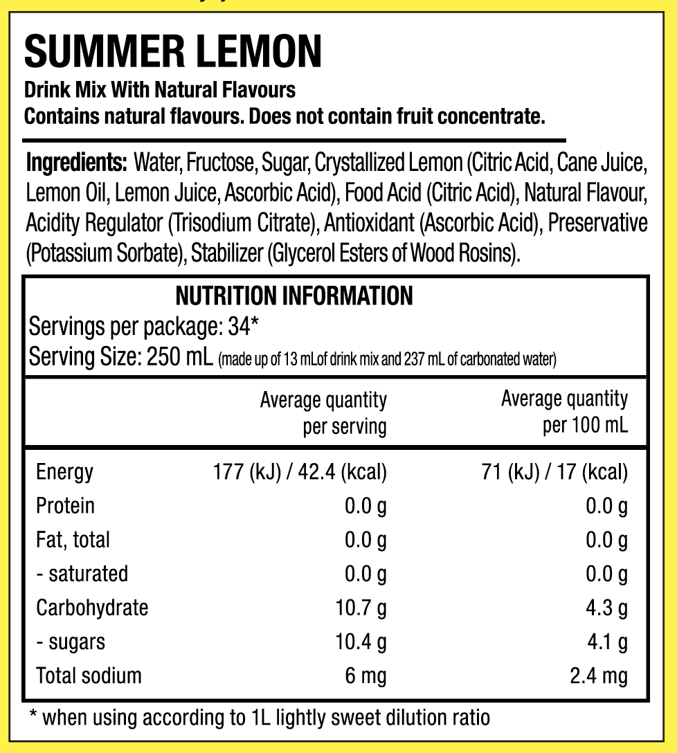 Classics Summer Lemonade Nutrition Label