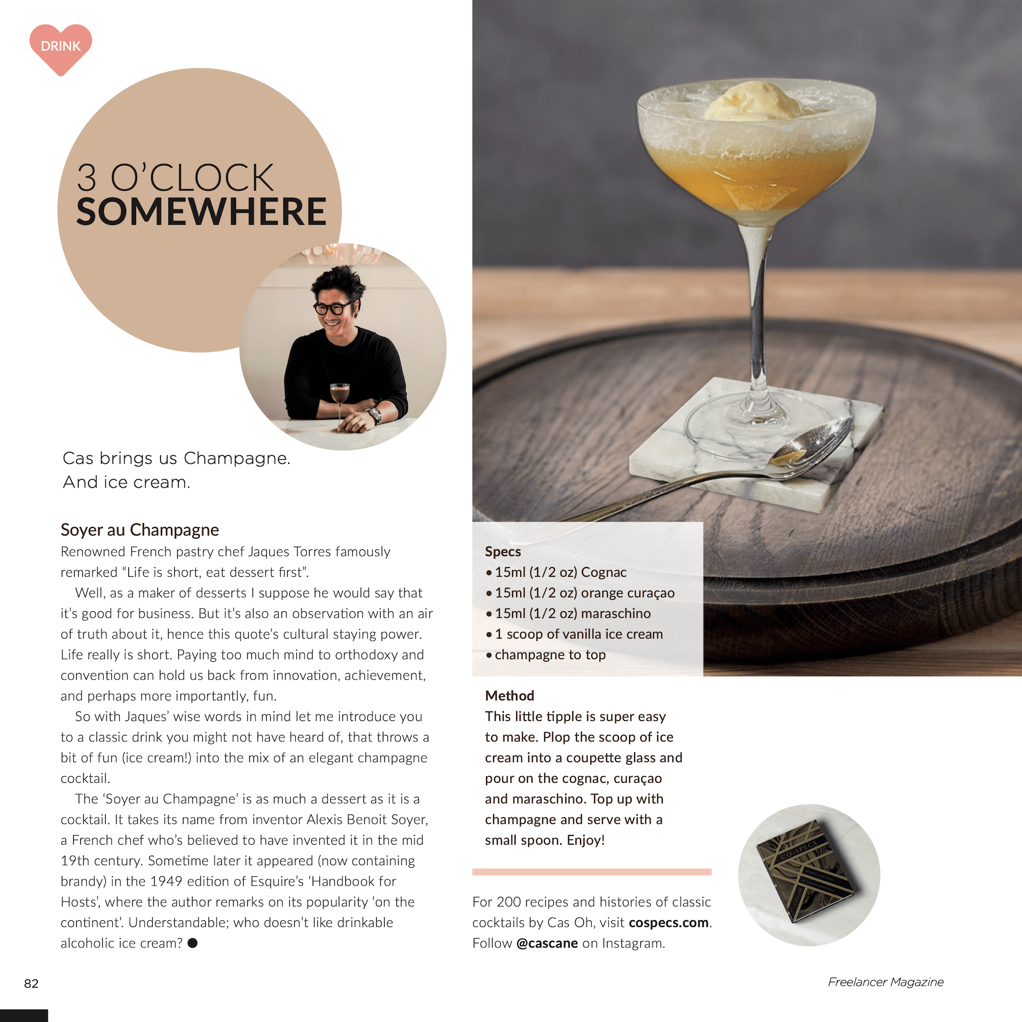 Freelancer Magazine Feb 2022 with Cas Oh, featuring the Soyer au Champagne cocktail