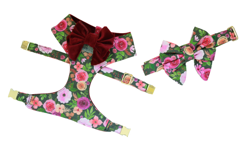 Floral print dog harness, dog collar, dog bow and wine velvet dog bow laid out