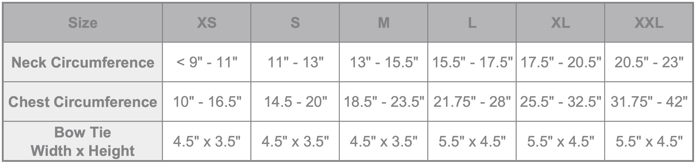 Reversible Dog Harness with Bow Tie Size Chart