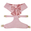 Windowpane plaid dog harness with velvet sailor bow in millennial pink