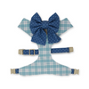 aqua and blue plaid reversible dog harness and blue star print dog sailor bow