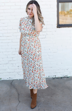 DITZY FLORAL SMOCK NECK RUFFLE DRESS