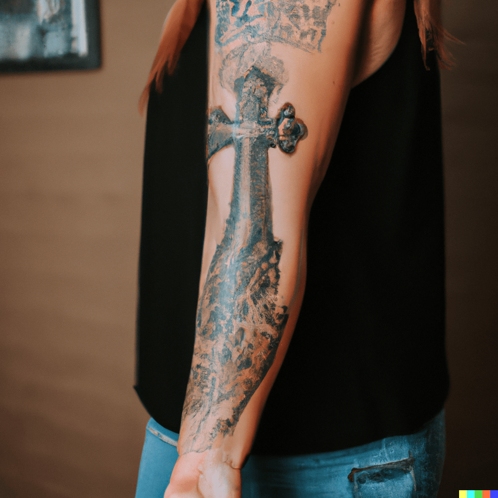 large crucifix tattoo on woman's left arm