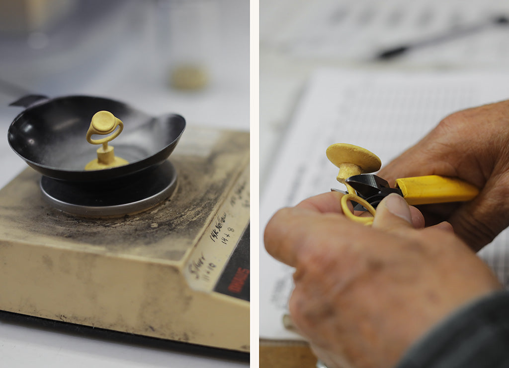 weighing matte 18k gold before clipping lost wax casting george rings