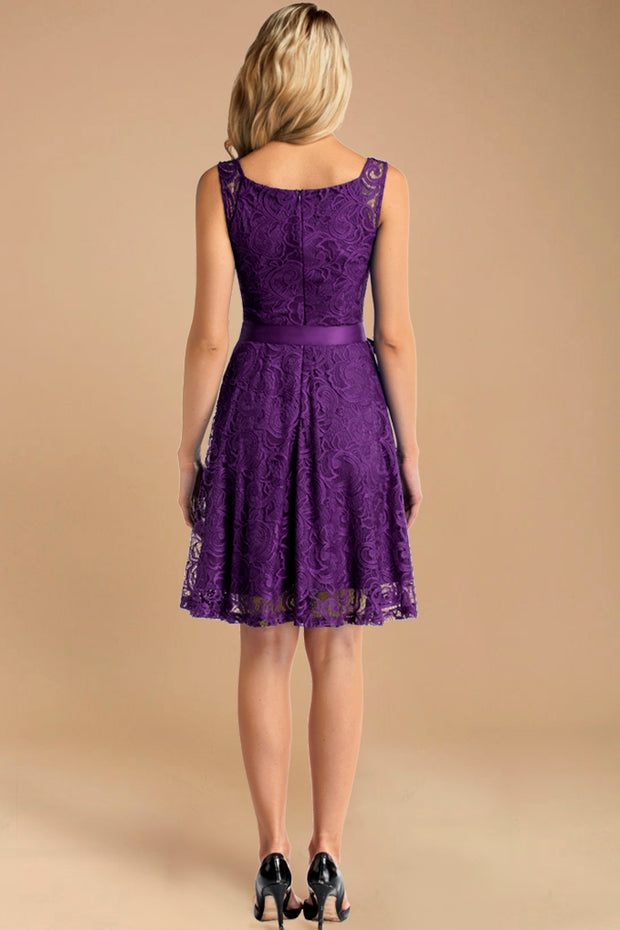 Elegant V Neck Floral Purple Lace Bridesmaid Dress with Belt | Dressystar