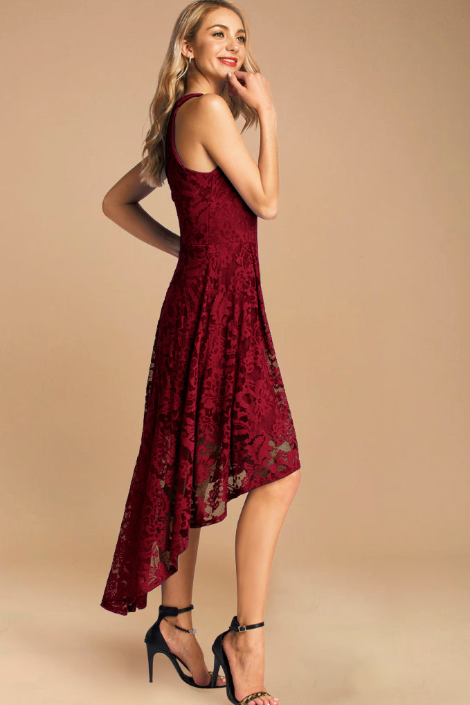 Flowy Halter Lace Cocktail Dress | Dark Red High Low Bridesmaid Dress –  Dressystar