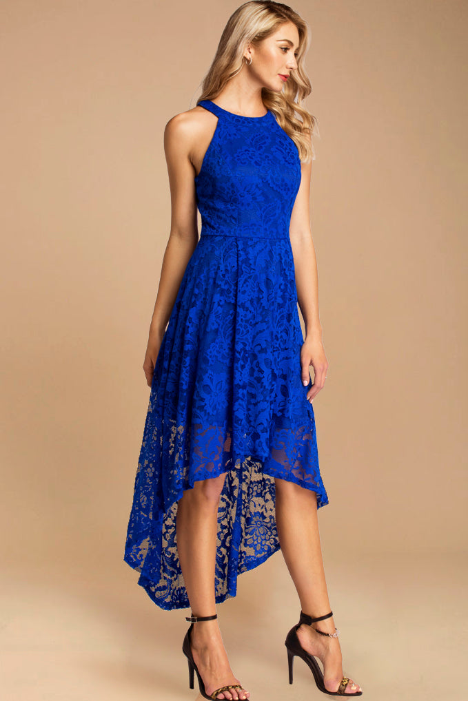 Flowy Halter Lace Cocktail Dress | Royal Blue High Low Bridesmaid Dress –  Dressystar