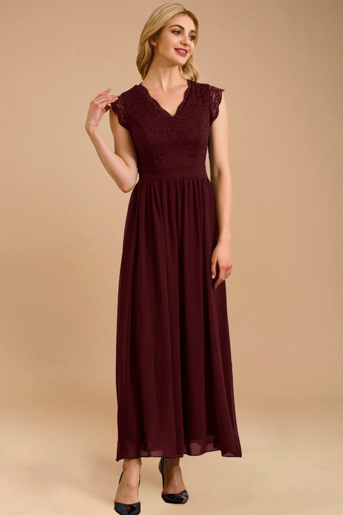 Dressystar Women's Floral Lace Bridesmaid Party Dress with Belt Burgundy