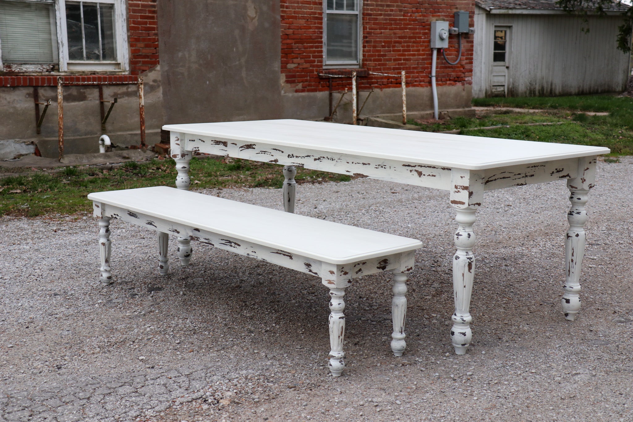 white farmhouse dining table with bench