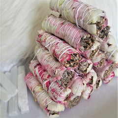 WHITE SAGE WRAPPED WITH ROSE PETALS