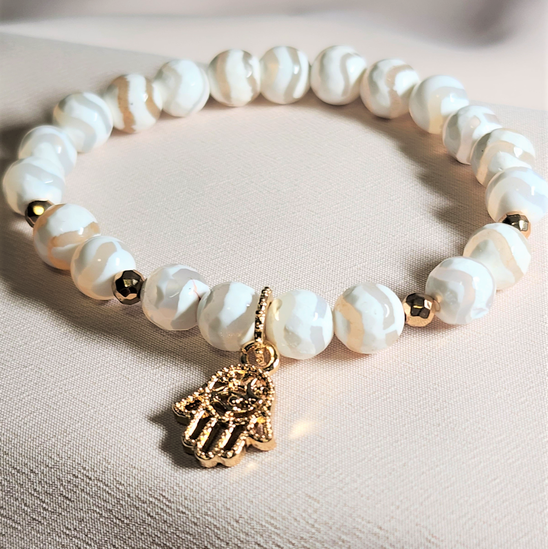 image for White Tibetan Agate w/ Hamsa Charm