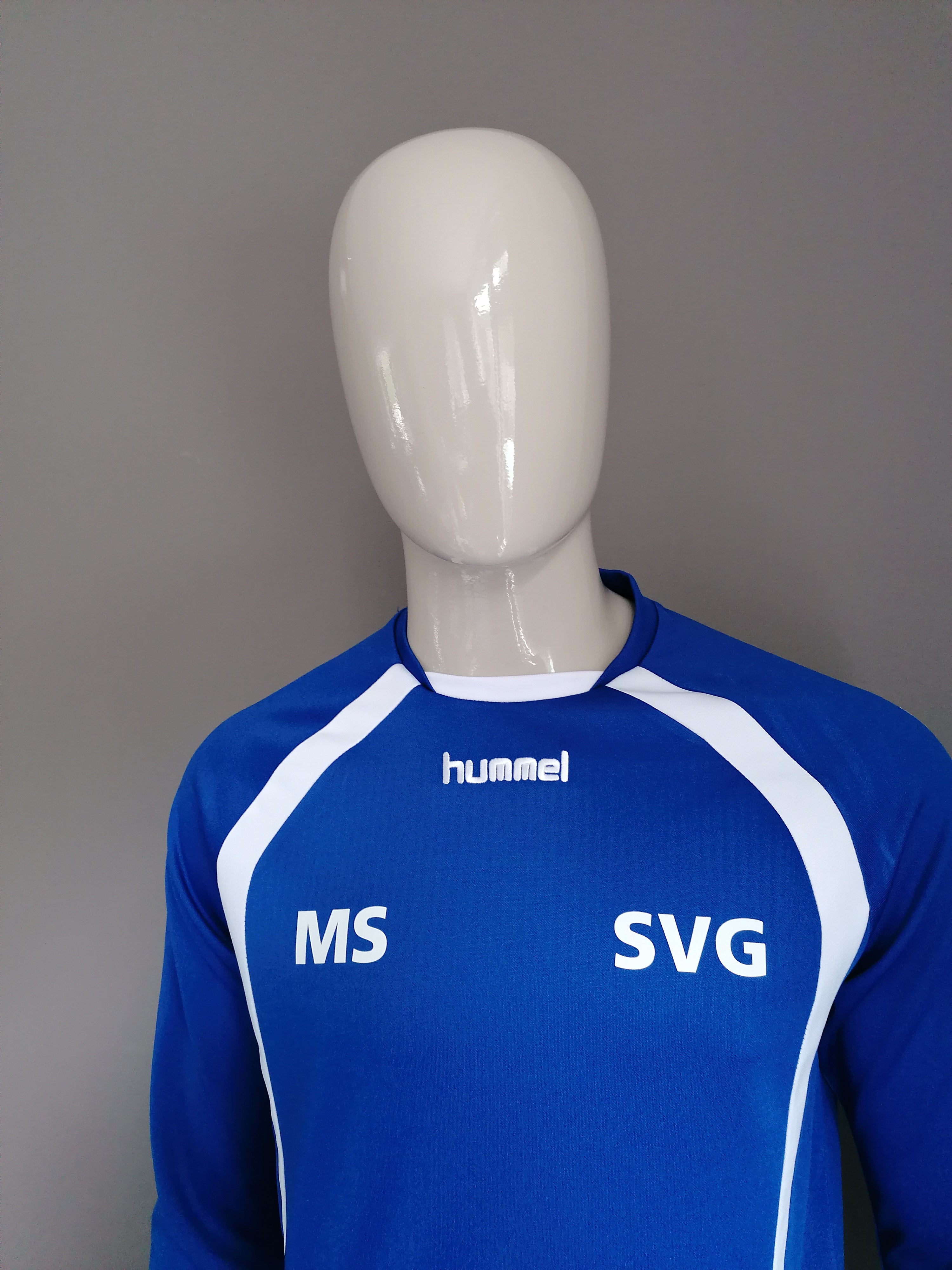 vaardigheid Alexander Graham Bell suspensie Hummel "SVG" sport trui. Blauw Wit gekleurd. Maat M. | EcoGents