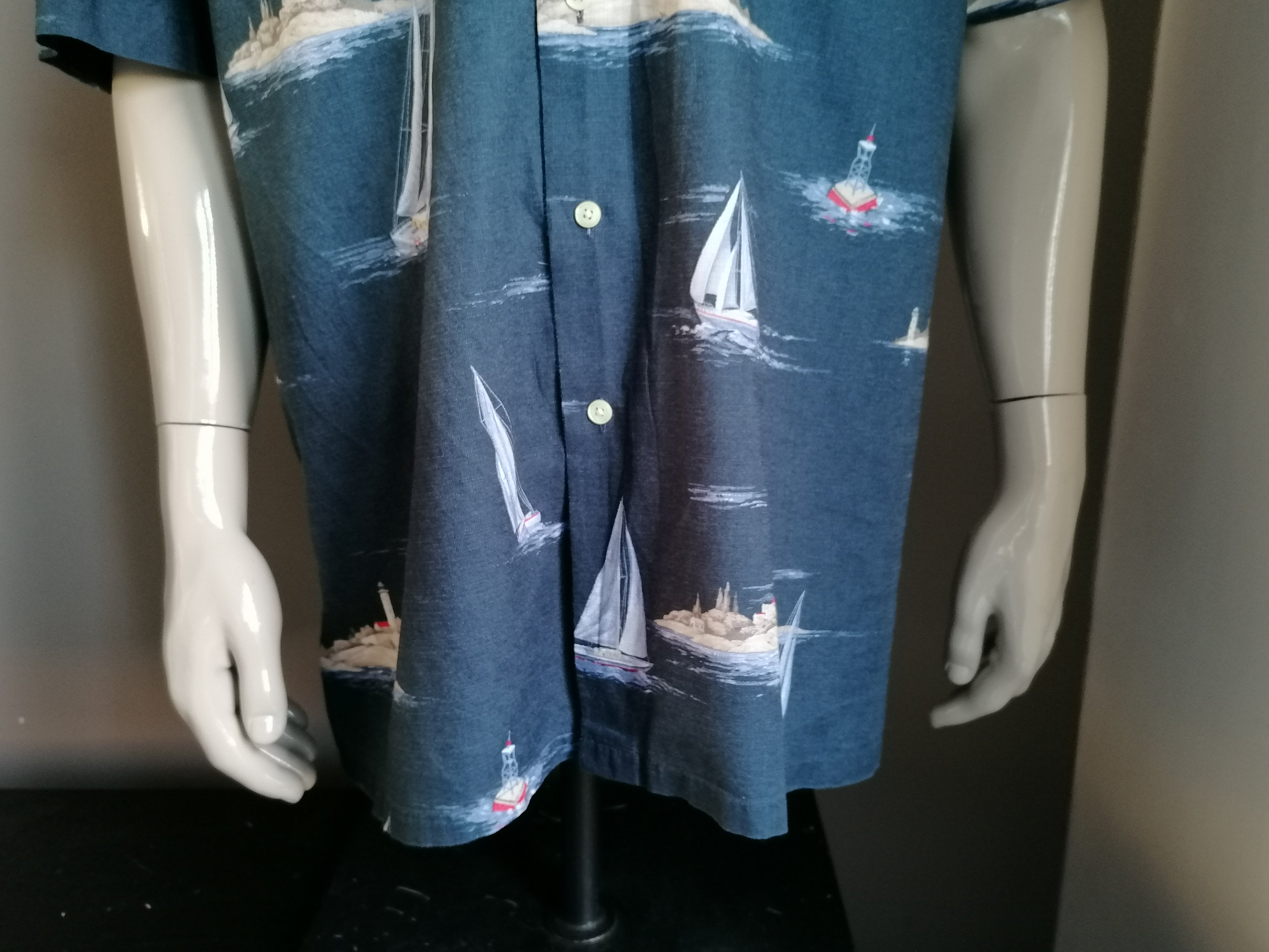 Nautica vintage hawaii overhemd korte mouw. Zeil jacht print. Blauw. Maat XXL / 2XL | EcoGents