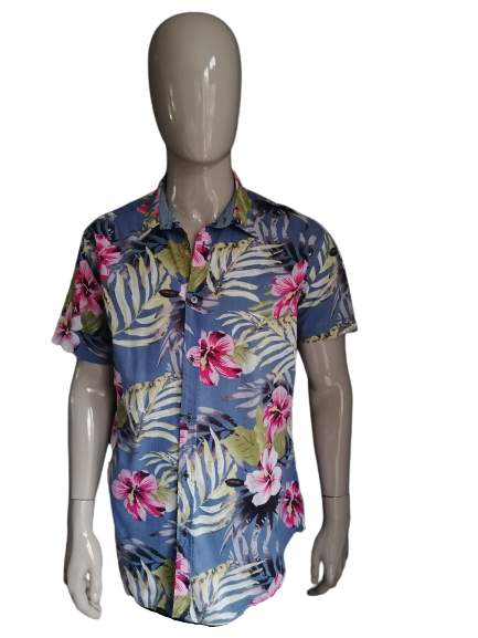 SMOG Hawaii print overhemd kort mouw. Blauw Groen Roze. Maat XL. Slim Fit
