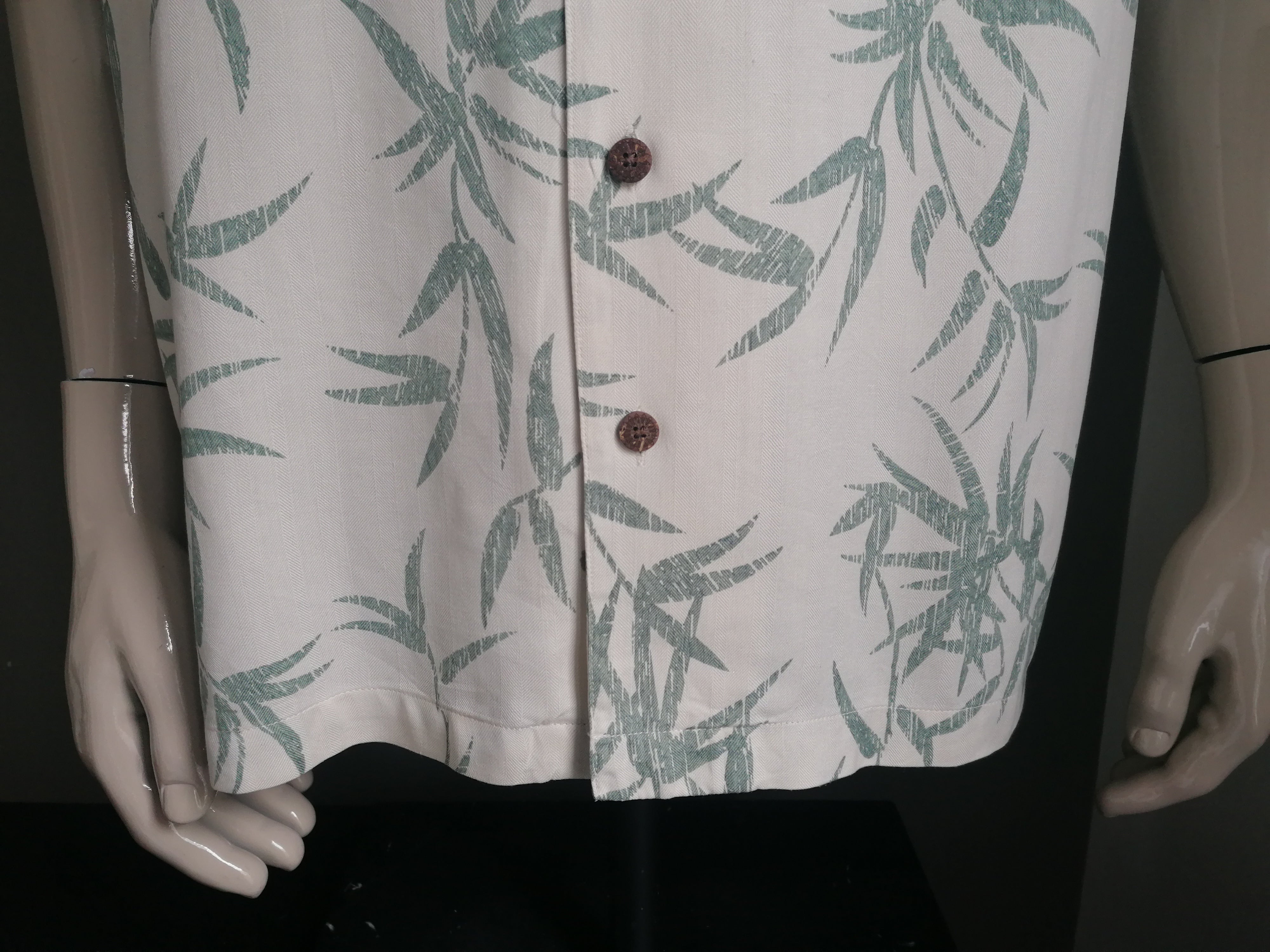 Vintage Zijden Caribbean Joe Hawaii overhemd korte mouw. Beige Groen. Maat XL / XXL / 2XL