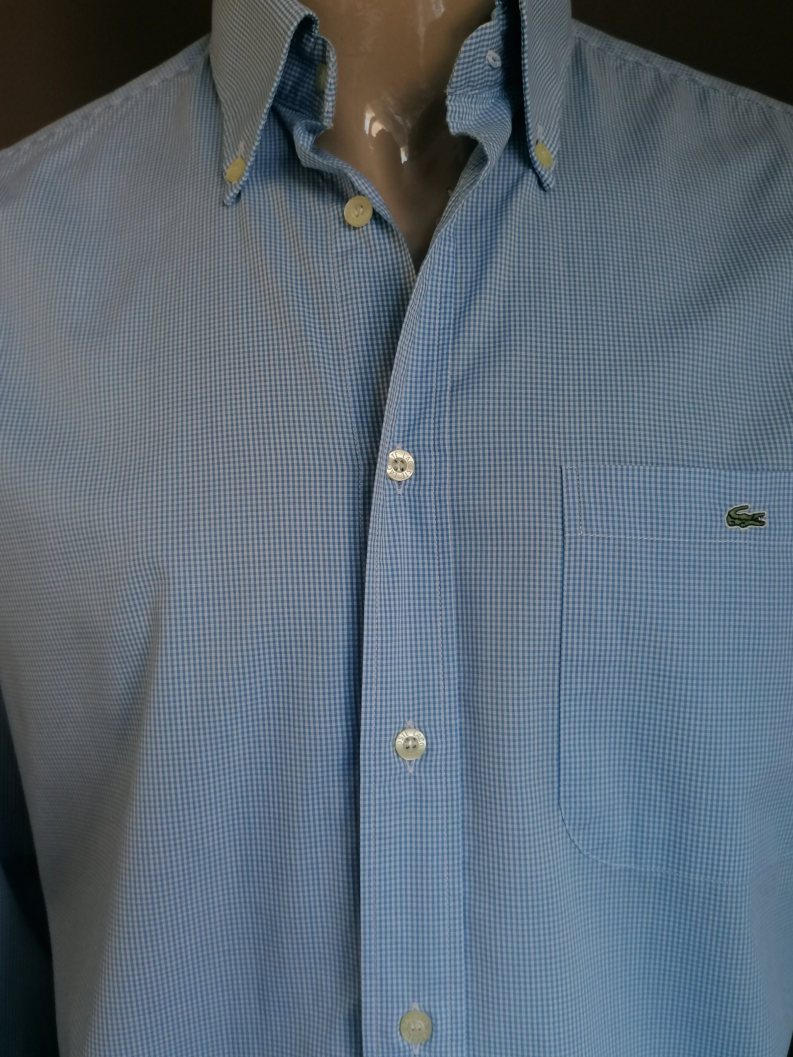 Populair boiler Mompelen Lacoste overhemd. Blauw Wit geblokt motief. Maat 42 / L. | EcoGents