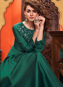 Dark Green Embroidered Art Silk Gown - Indian Clothing 2