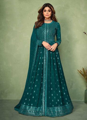 Pista Green & Beige Designer Embroidered Jacket Style Anarkali Gown | Silk anarkali  suits, Long anarkali gown, Party wear