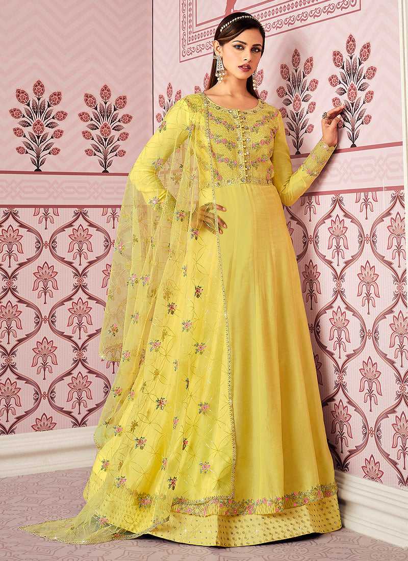 Yellow Floral Embroidered Designer Floor Touch Anarkali