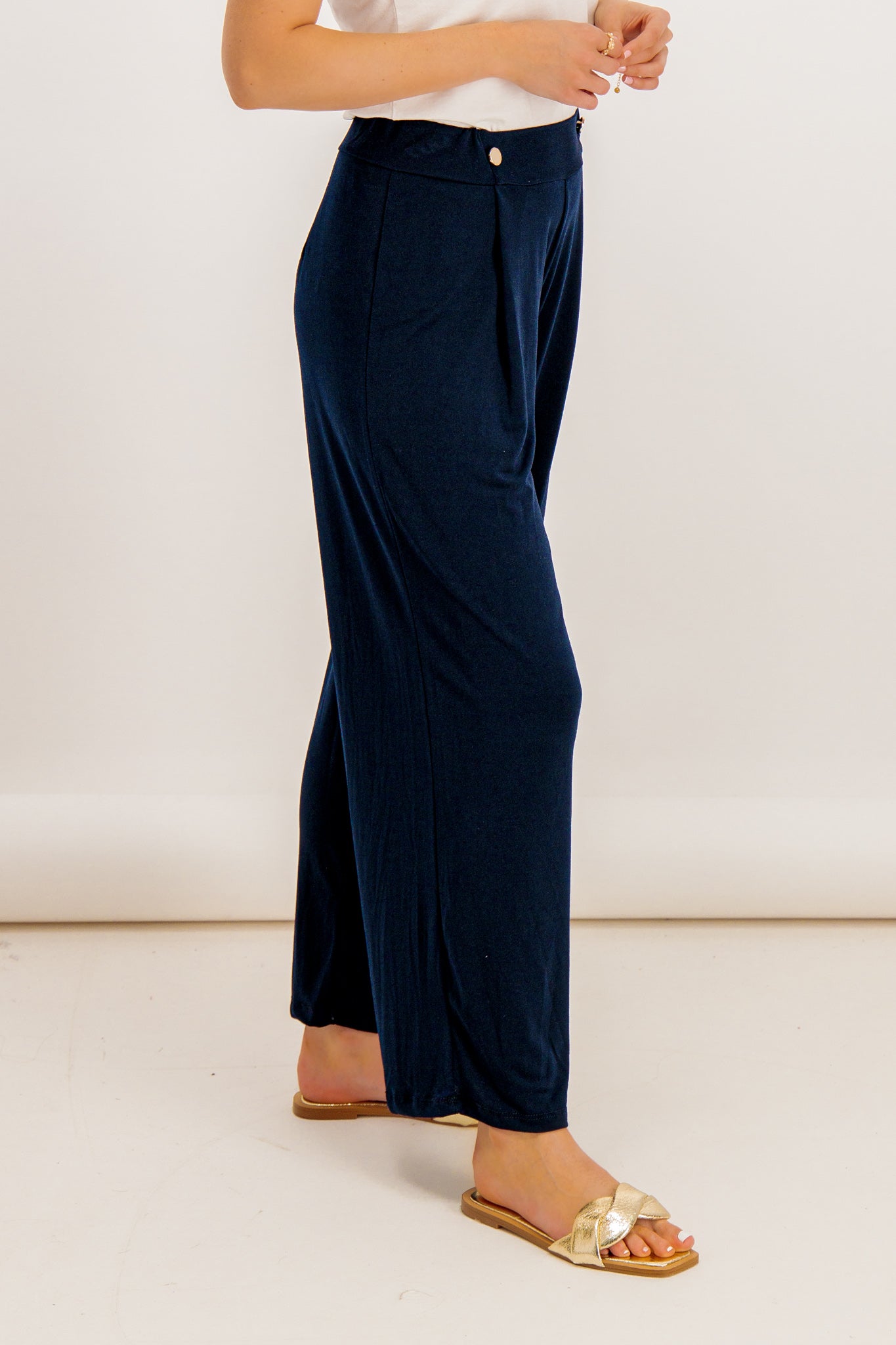 Navy Carrie Button Wide Leg Trousers