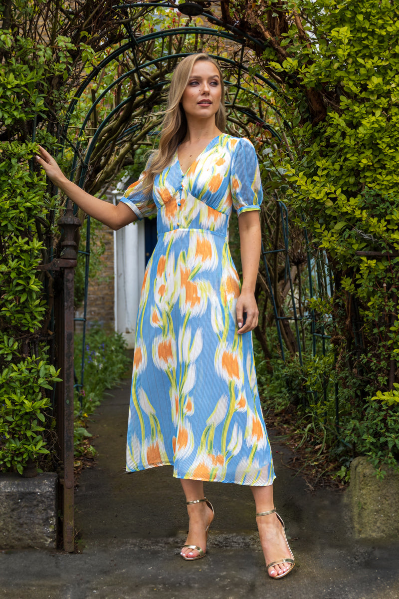 Lily Sweetheart Blue & Green Printed Midi Dress