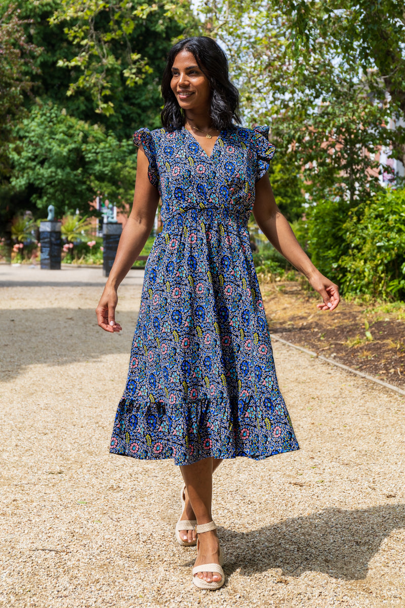 Tyra Navy & Blue Floral Print Midi Dress